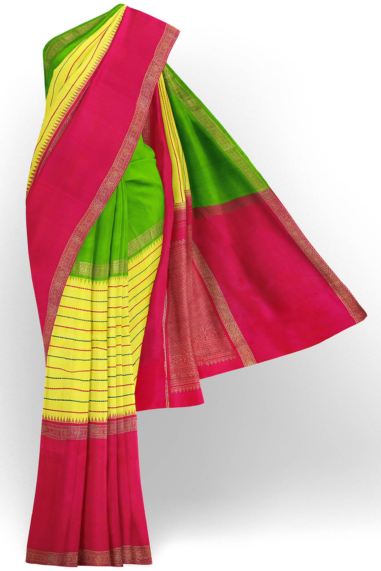 sri kumaran stores kanchipuram silk saree yellow saree with red green border 2