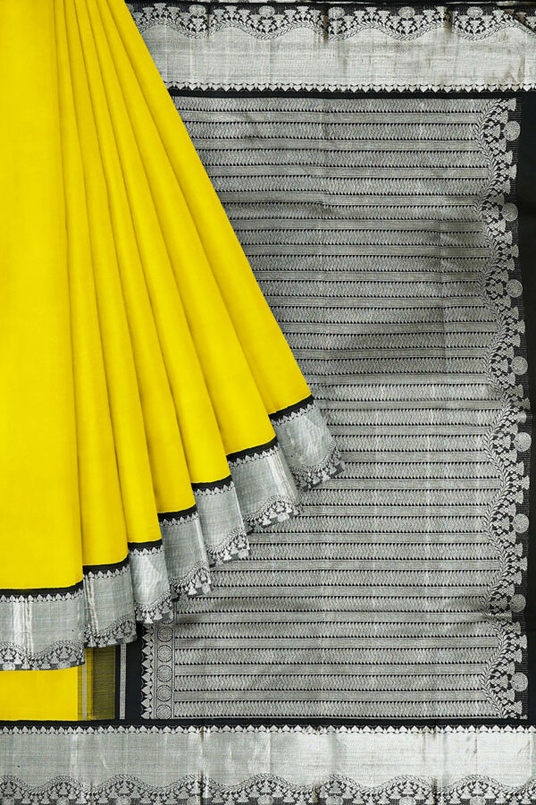 sri kumaran stores kanchipuram silk saree yellow saree with silver black border 1