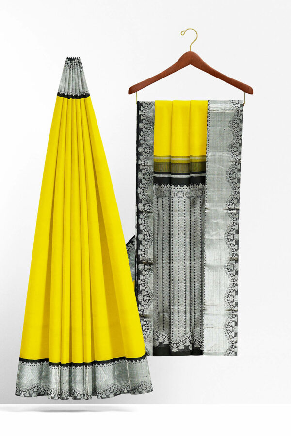 sri kumaran stores kanchipuram silk saree yellow saree with silver black border 3