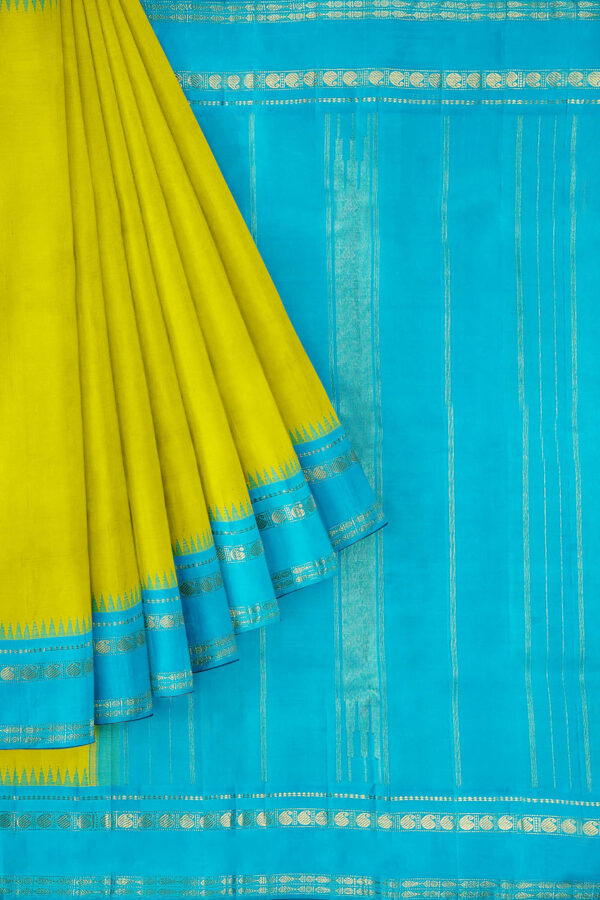 sri kumaran stores kanchipuram silk saree yellow saree with sky blue border 1