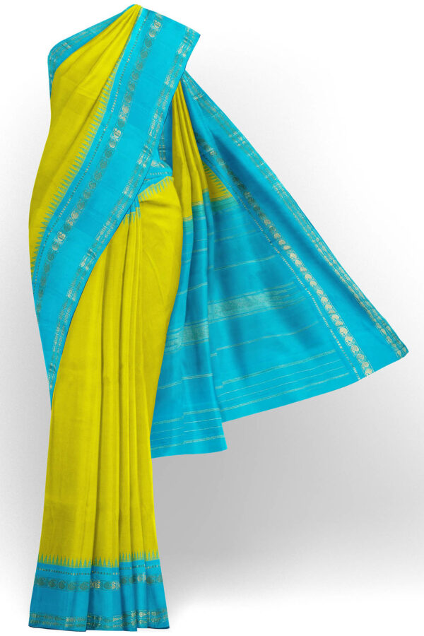 sri kumaran stores kanchipuram silk saree yellow saree with sky blue border 2