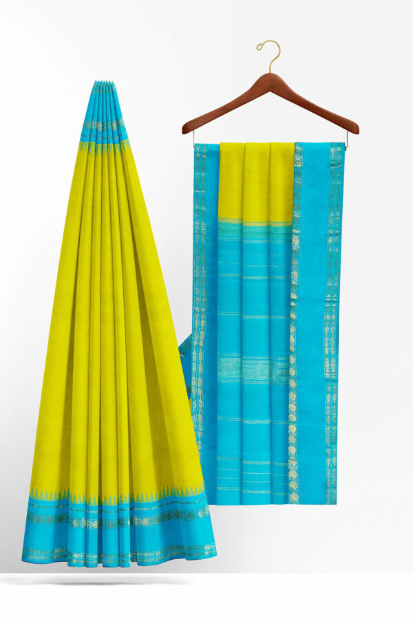 sri kumaran stores kanchipuram silk saree yellow saree with sky blue border 3