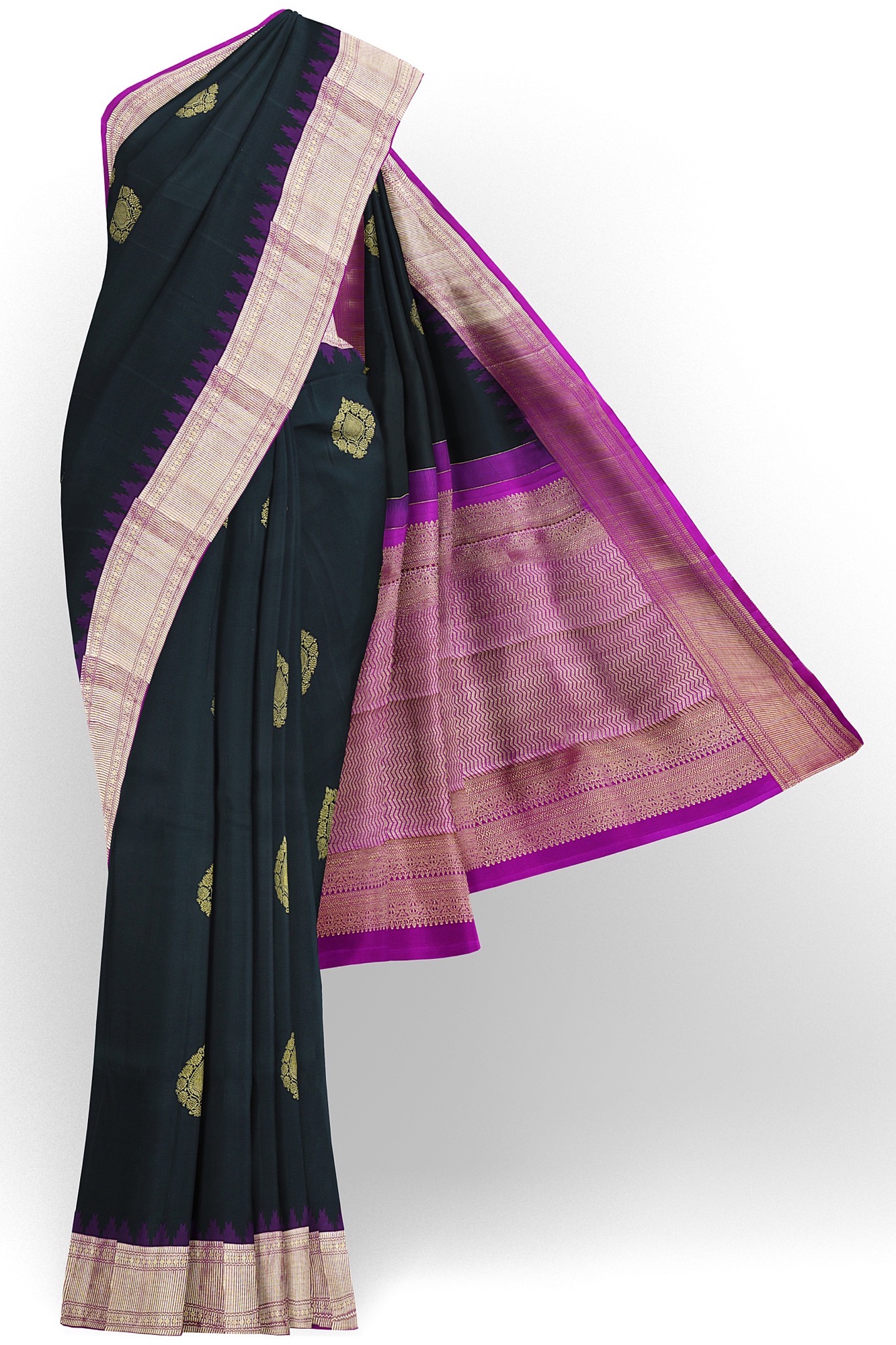 sri kumaran stores kanchipuram silk saree black saree with silver pink border 2