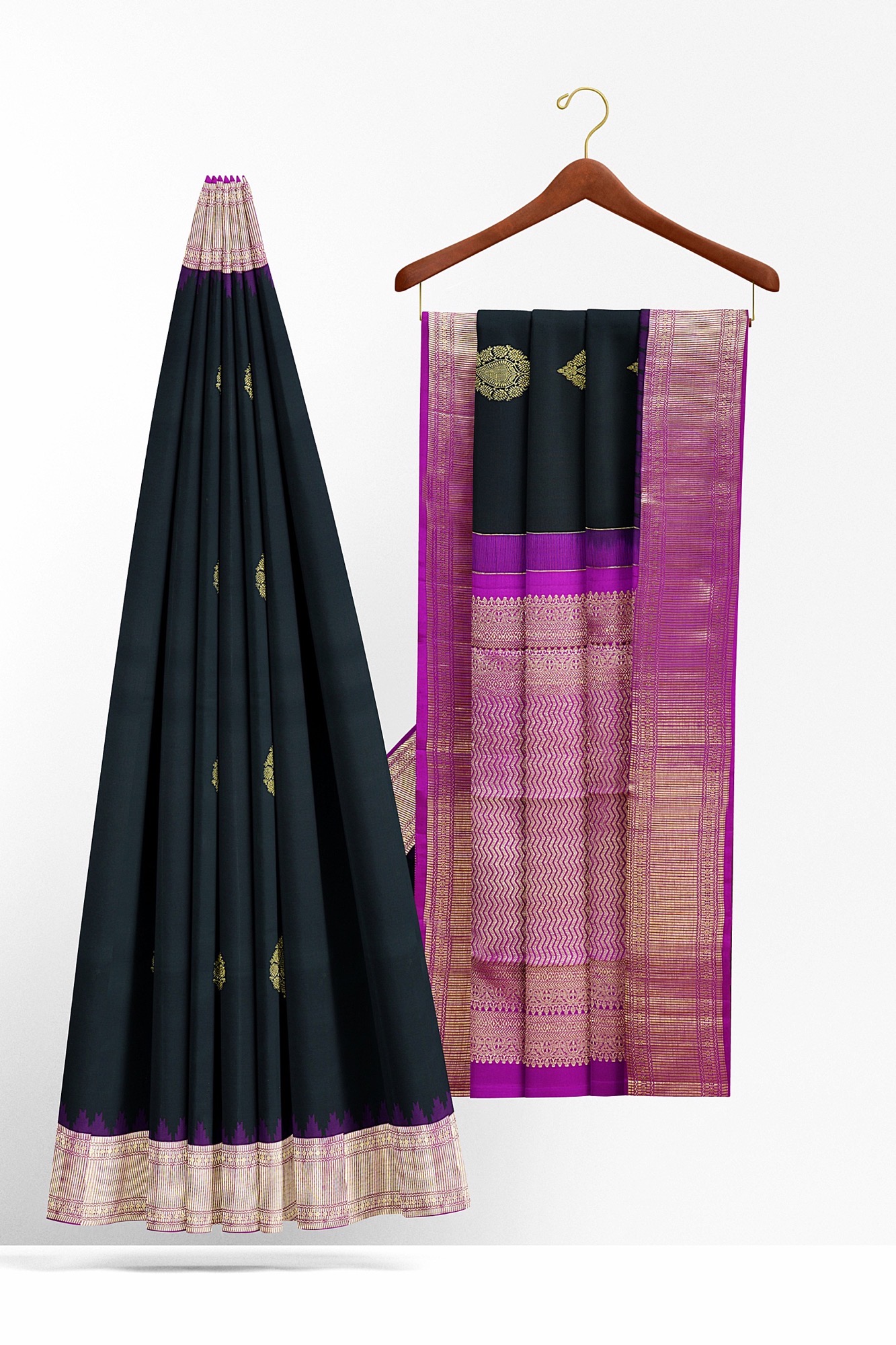sri kumaran stores kanchipuram silk saree black saree with silver pink border 3