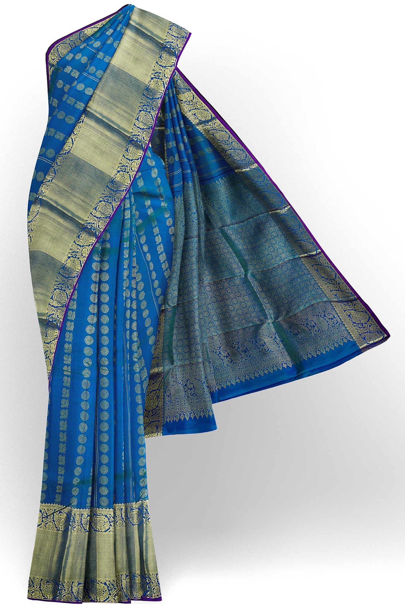sri kumaran stores kanchipuram silk saree blue saree with golden blue border 2