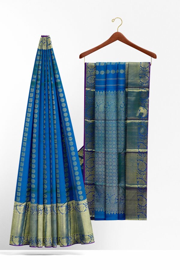 sri kumaran stores kanchipuram silk saree blue saree with golden blue border 3