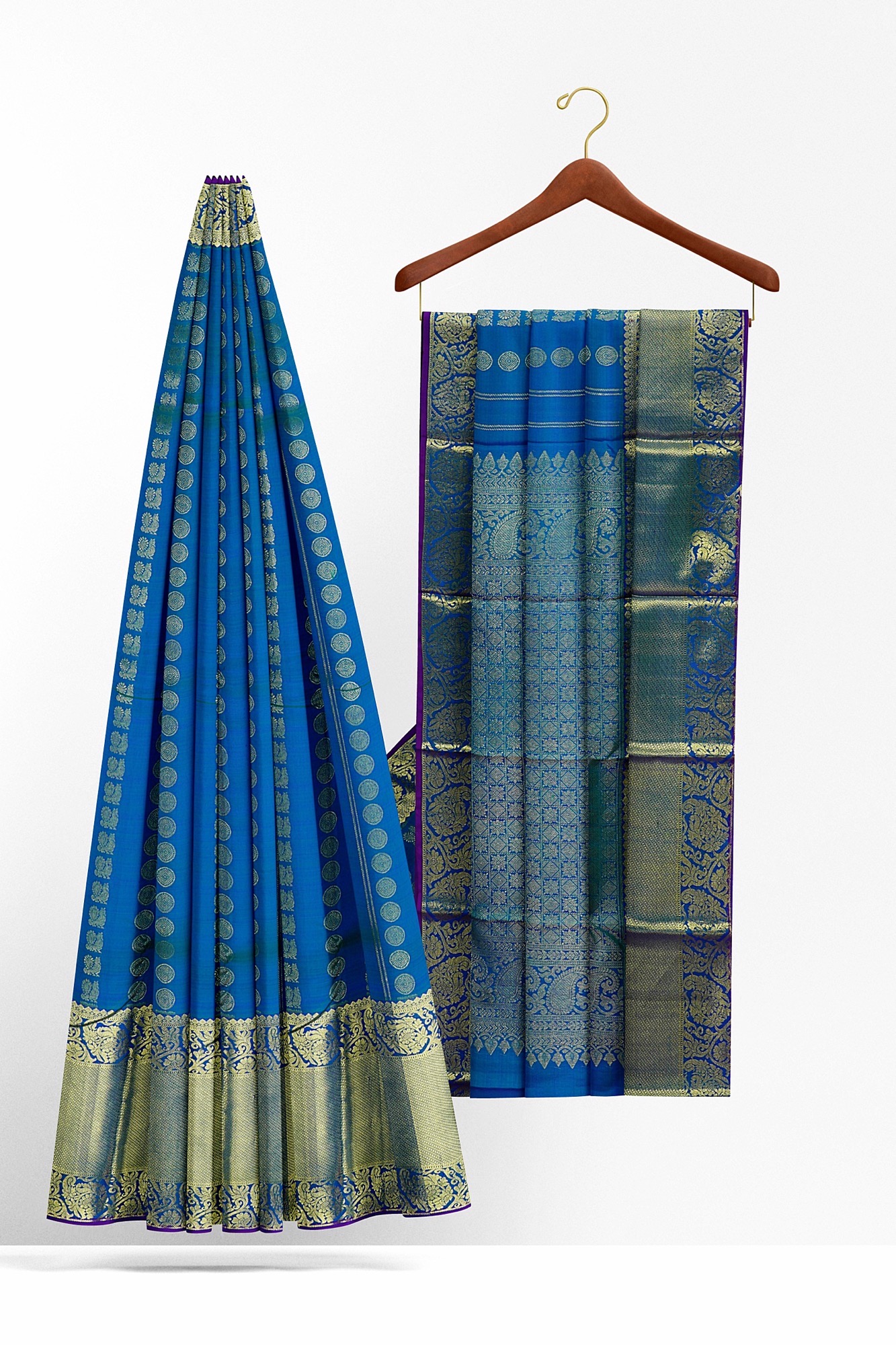 sri kumaran stores kanchipuram silk saree blue saree with golden blue border 3