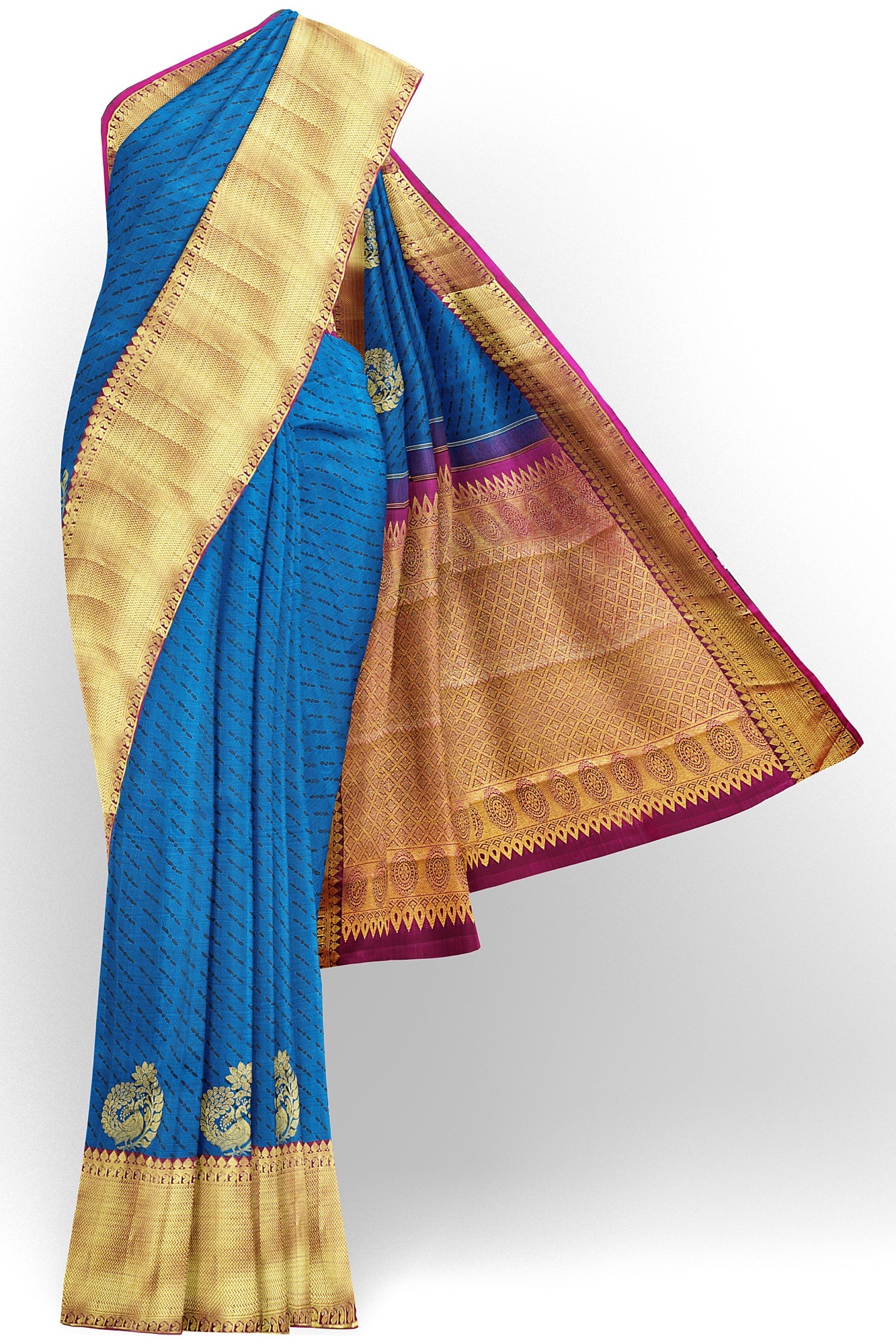 sri kumaran stores kanchipuram silk saree blue saree with golden pink border 2