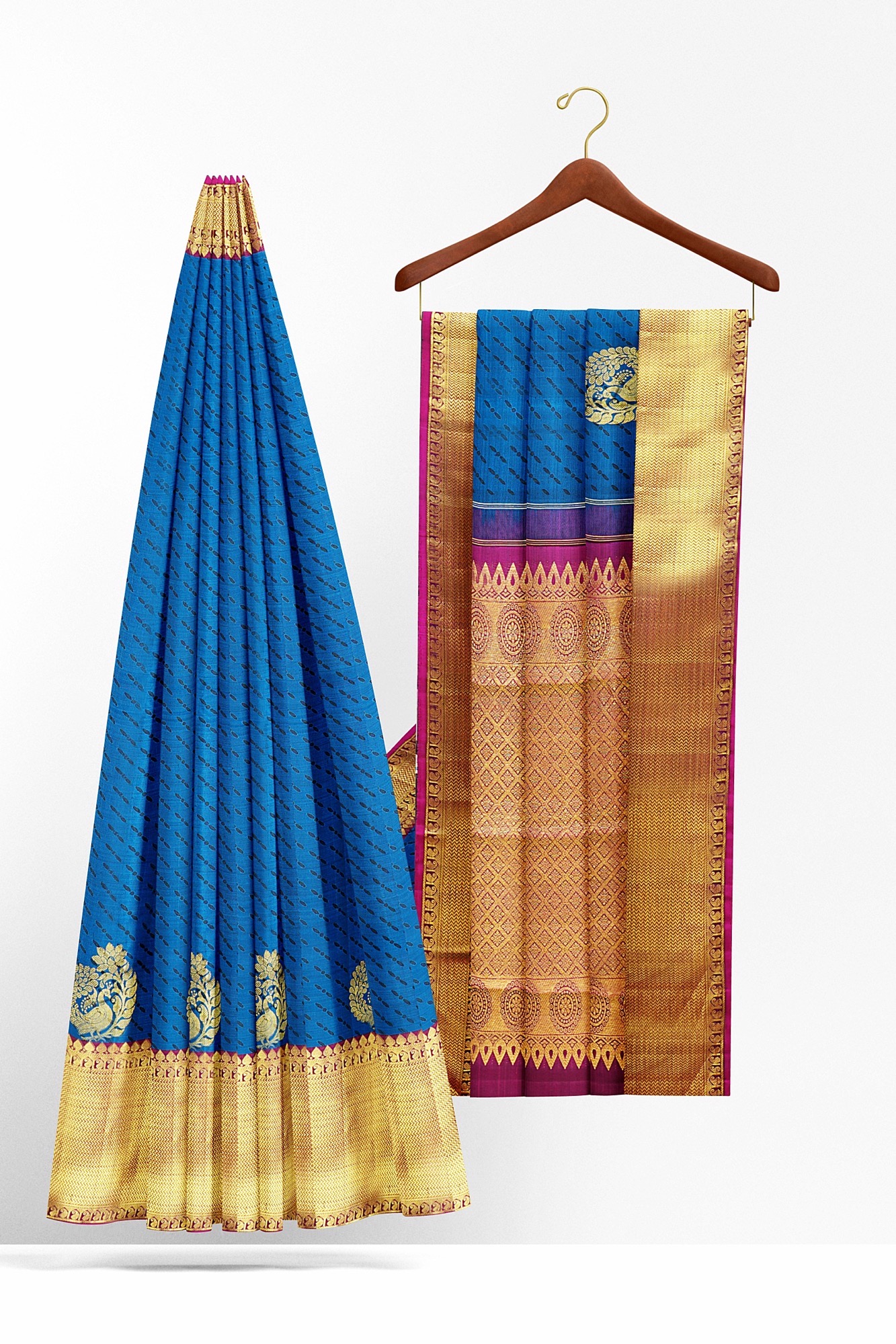 sri kumaran stores kanchipuram silk saree blue saree with golden pink border 3