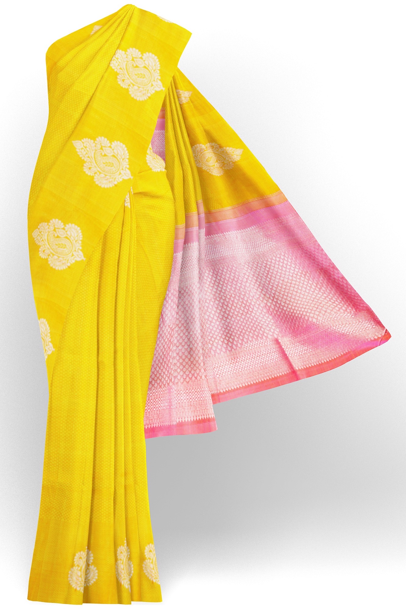 sri kumaran stores kanchipuram silk saree bright yellow saree with yellow border 2