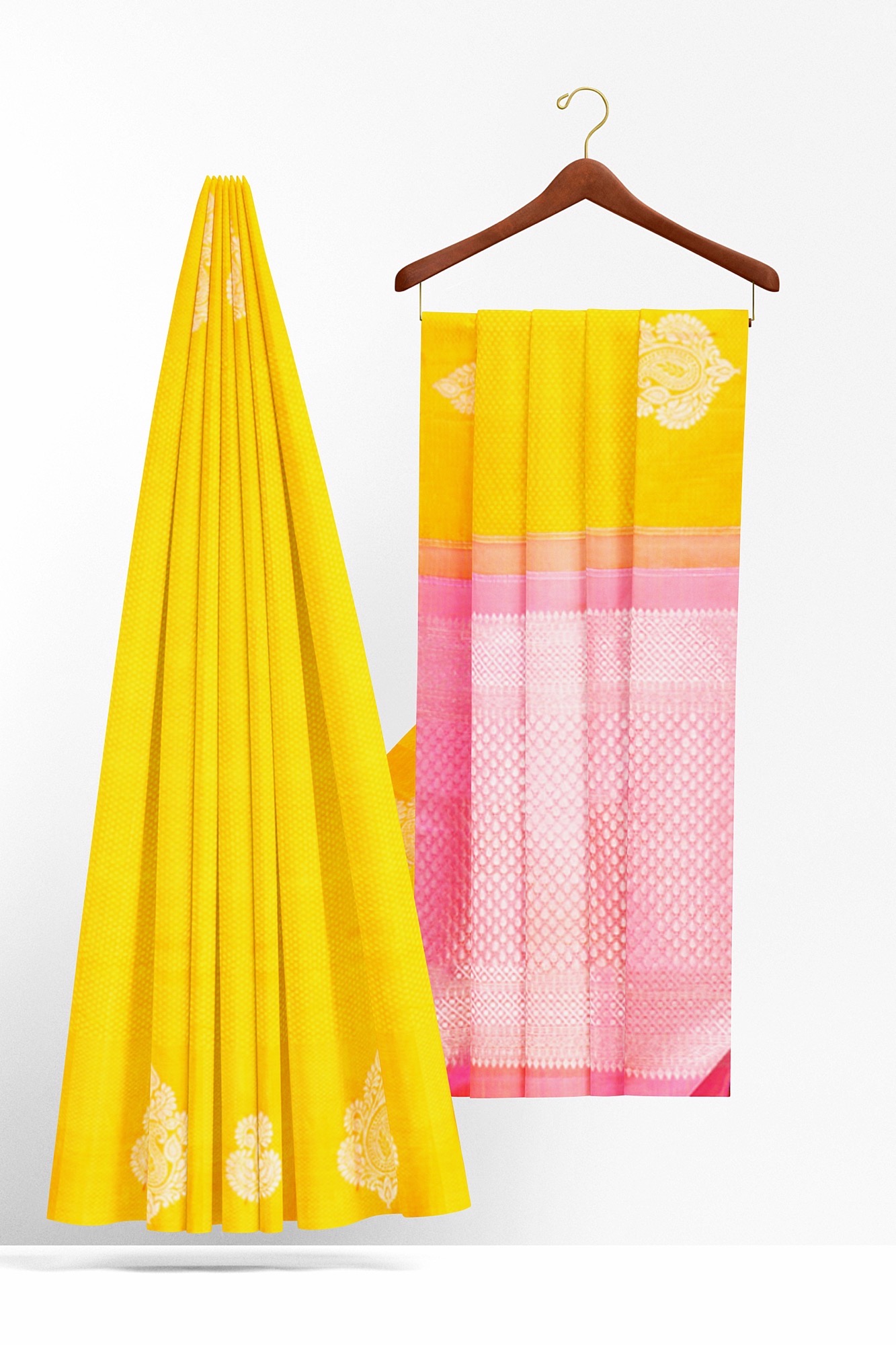 sri kumaran stores kanchipuram silk saree bright yellow saree with yellow border 3