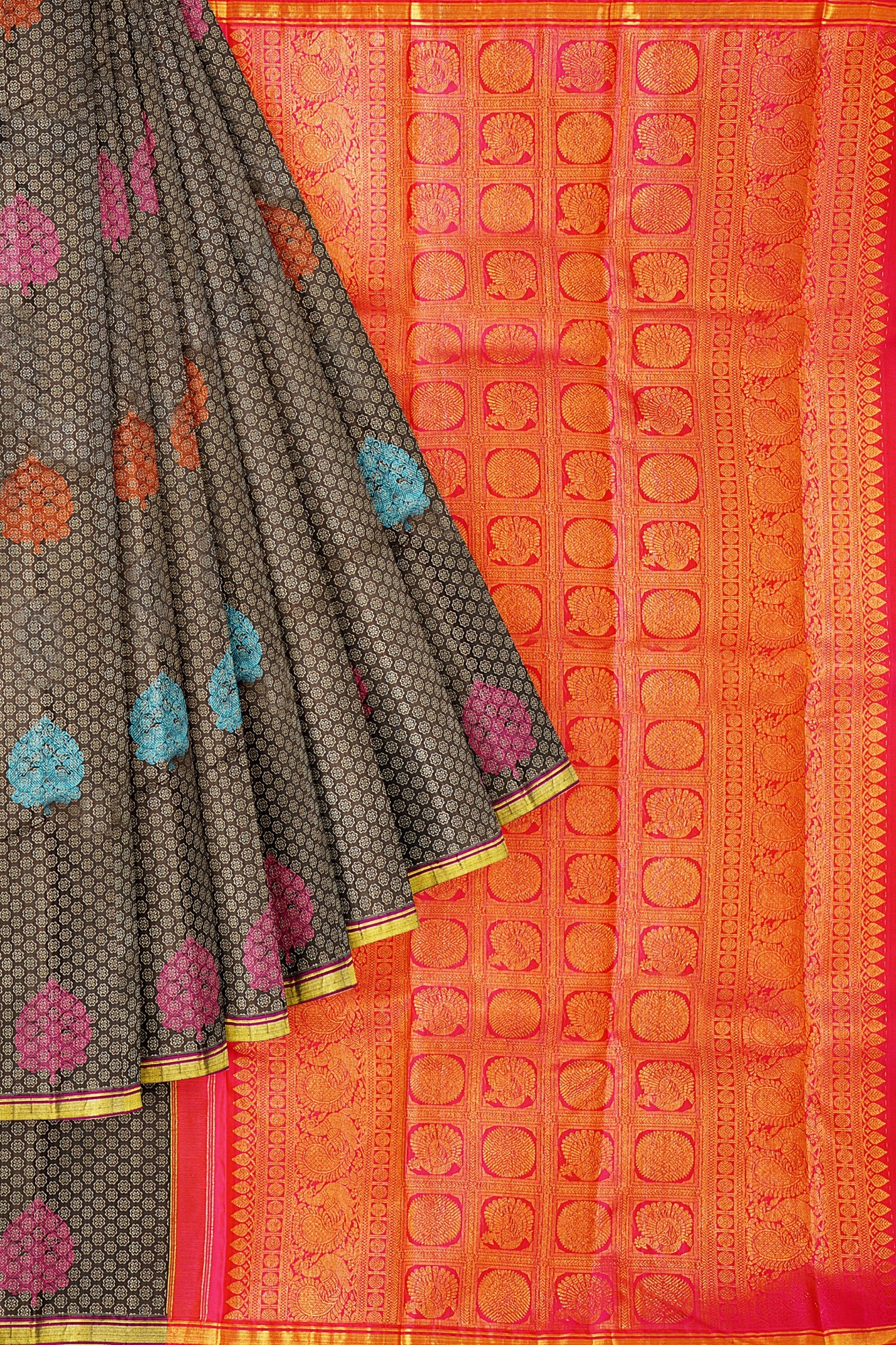 sri kumaran stores kanchipuram silk saree brown saree with golden border 1 1