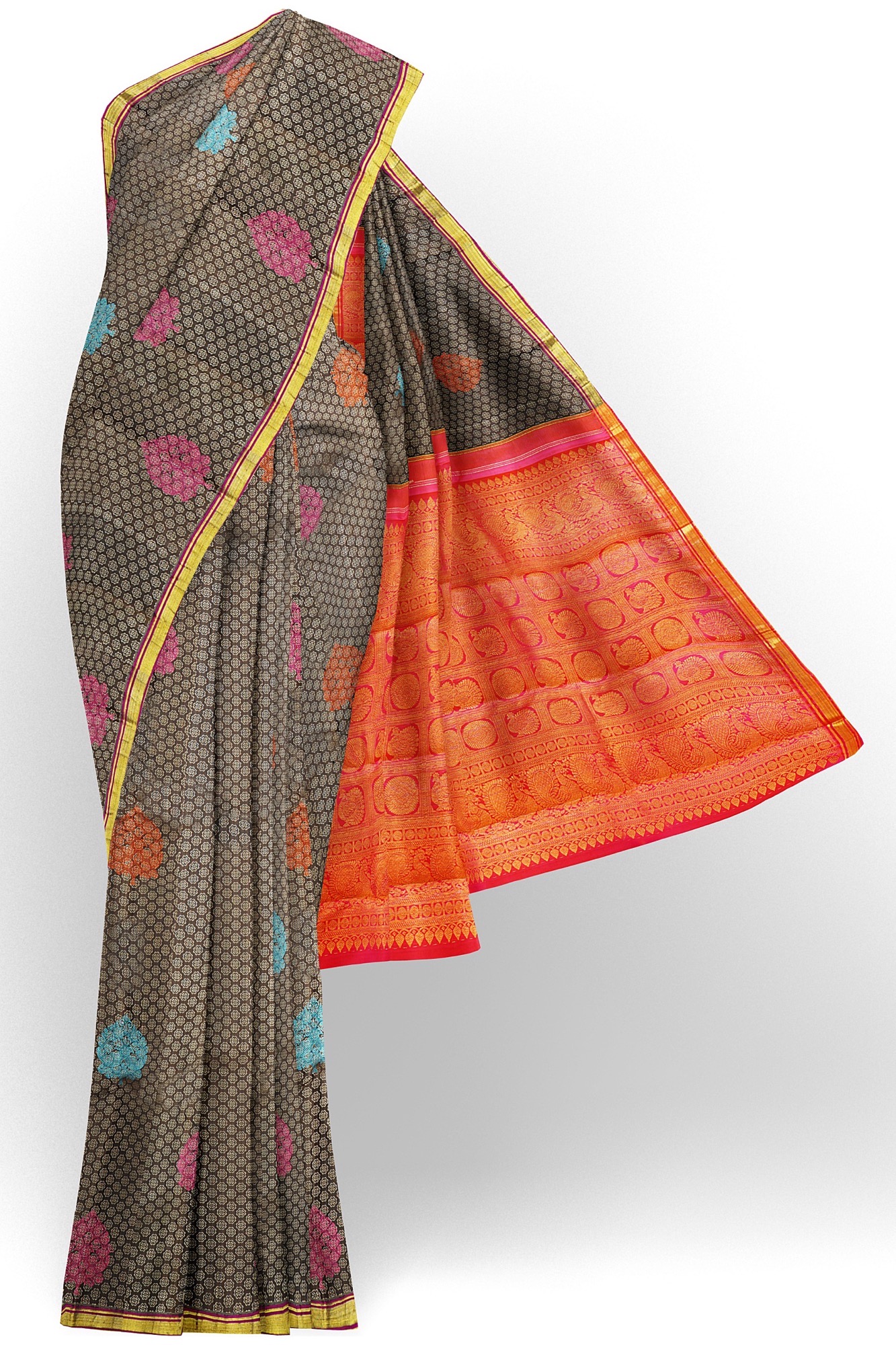 sri kumaran stores kanchipuram silk saree brown saree with golden border 1 2