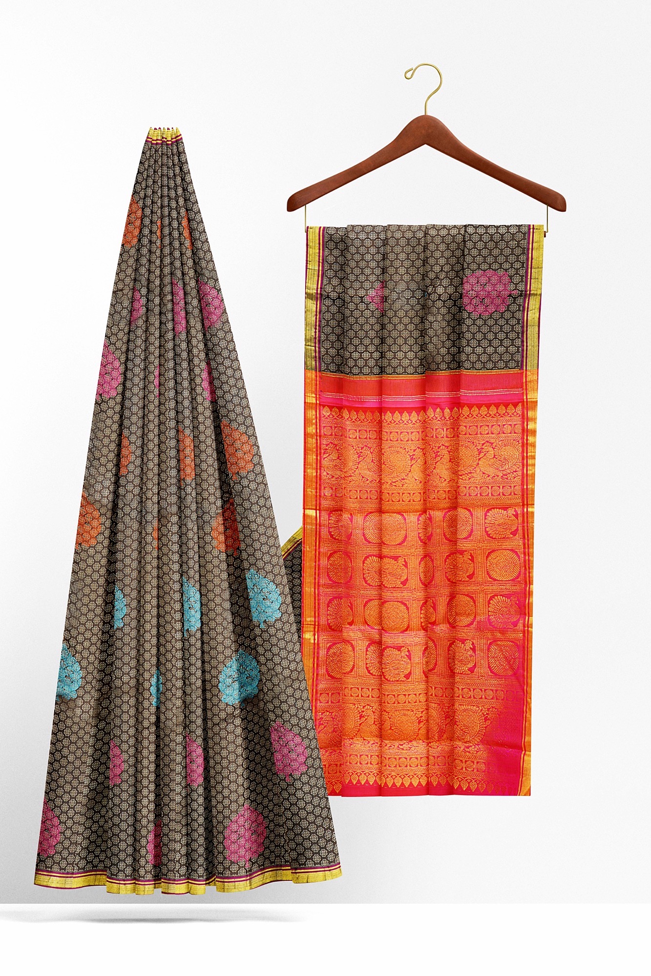 sri kumaran stores kanchipuram silk saree brown saree with golden border 1 3