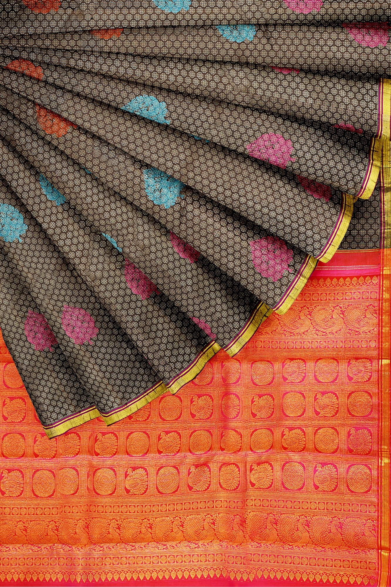 sri kumaran stores kanchipuram silk saree brown saree with golden border 1 4