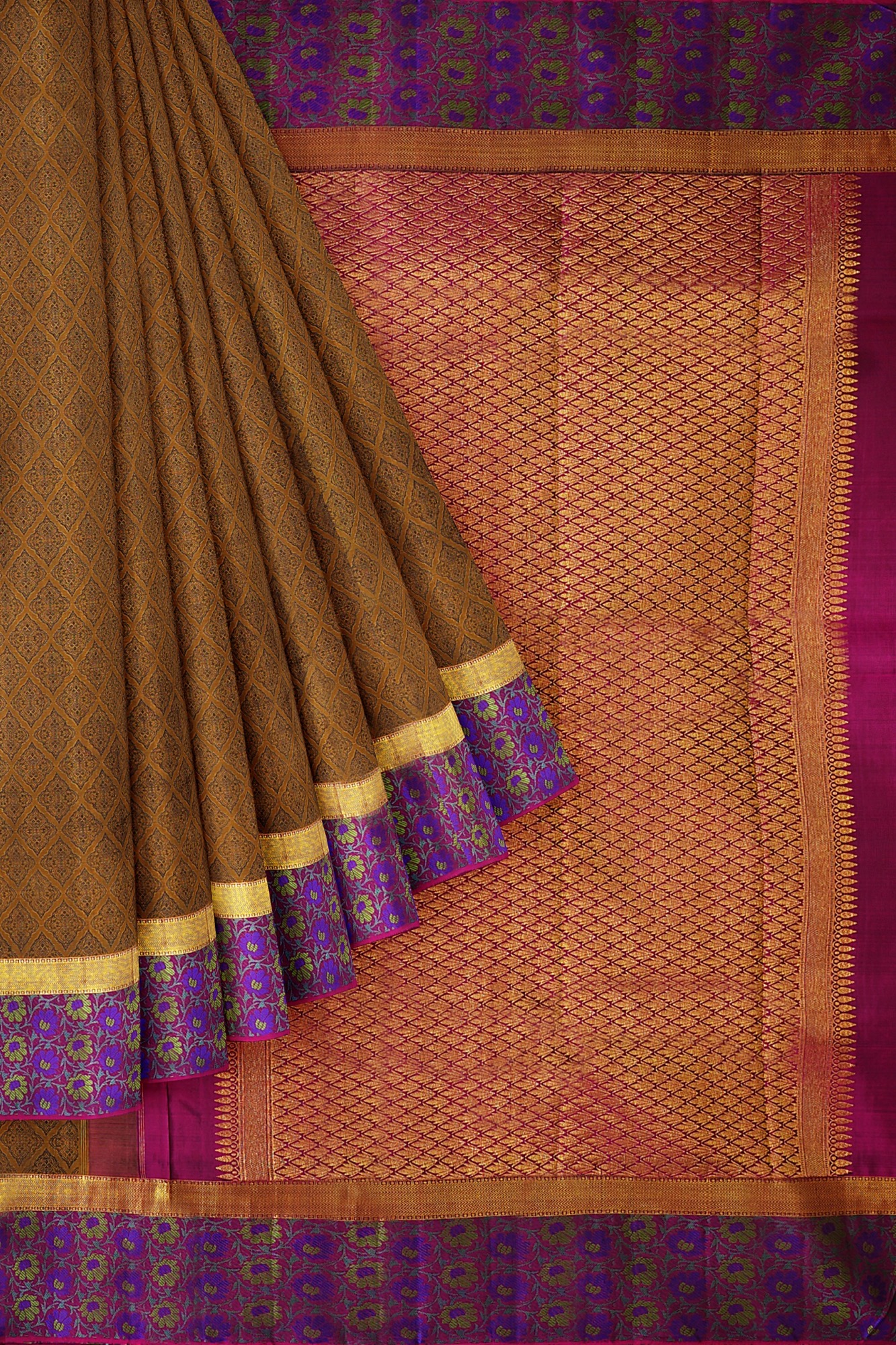 sri kumaran stores kanchipuram silk saree brown saree with purple floral border 1