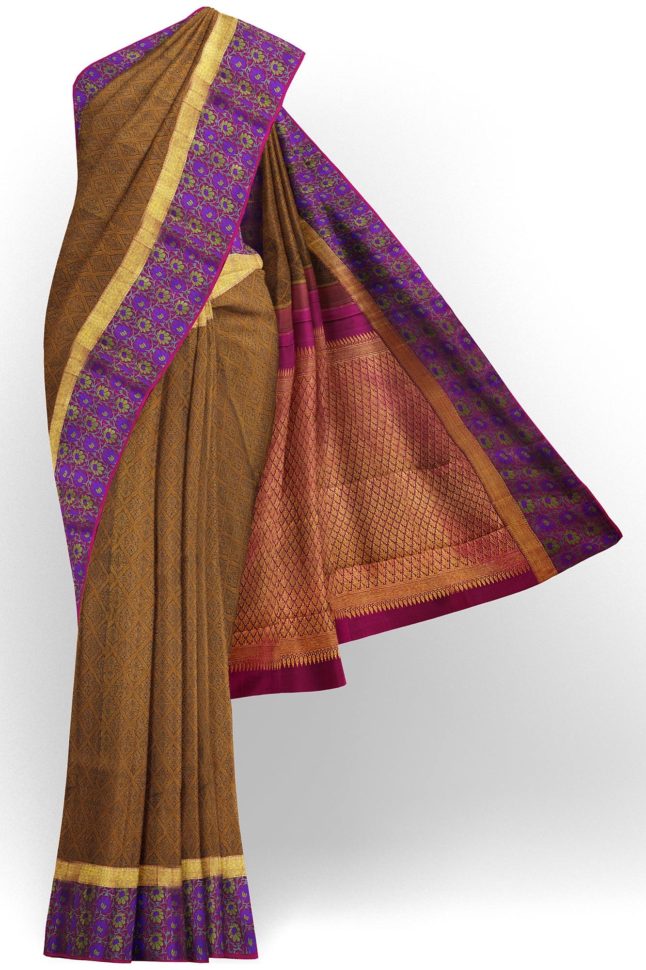 sri kumaran stores kanchipuram silk saree brown saree with purple floral border 2