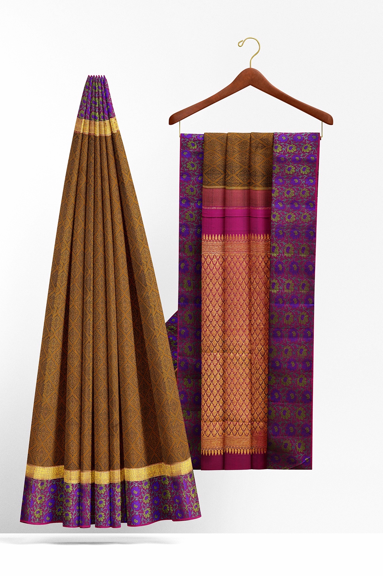 sri kumaran stores kanchipuram silk saree brown saree with purple floral border 3