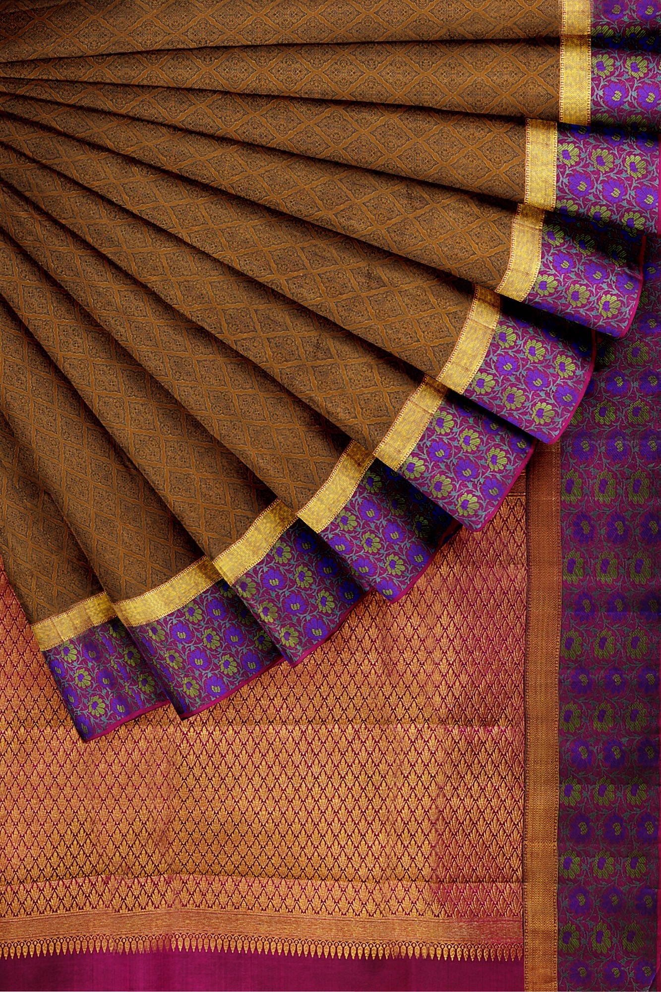 sri kumaran stores kanchipuram silk saree brown saree with purple floral border 4