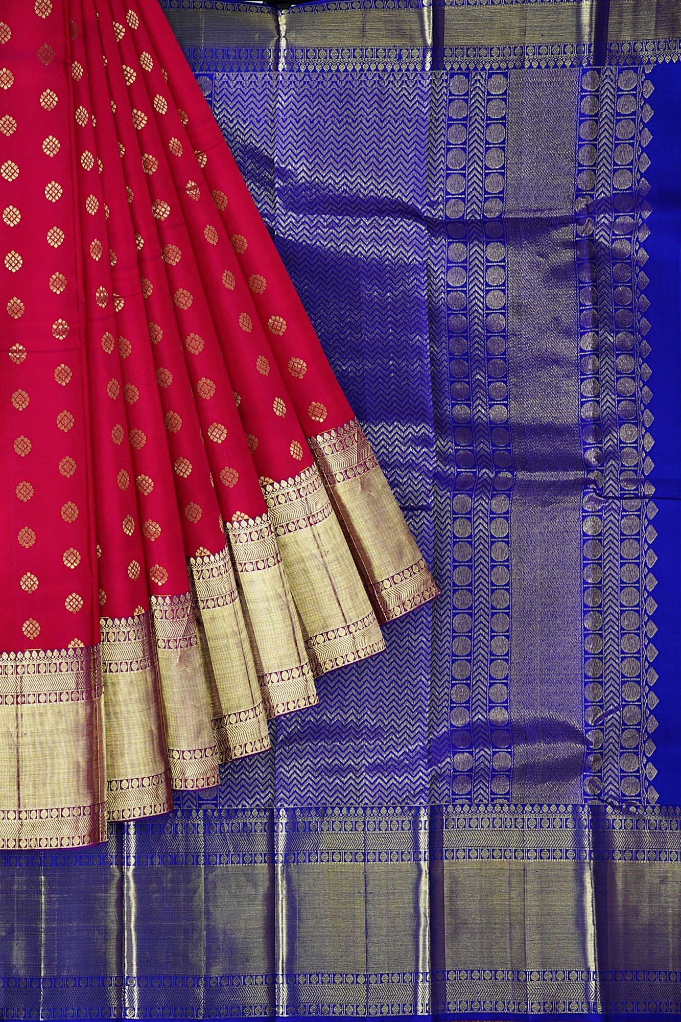 sri kumaran stores kanchipuram silk saree dark blue saree with golden blue border 1 1