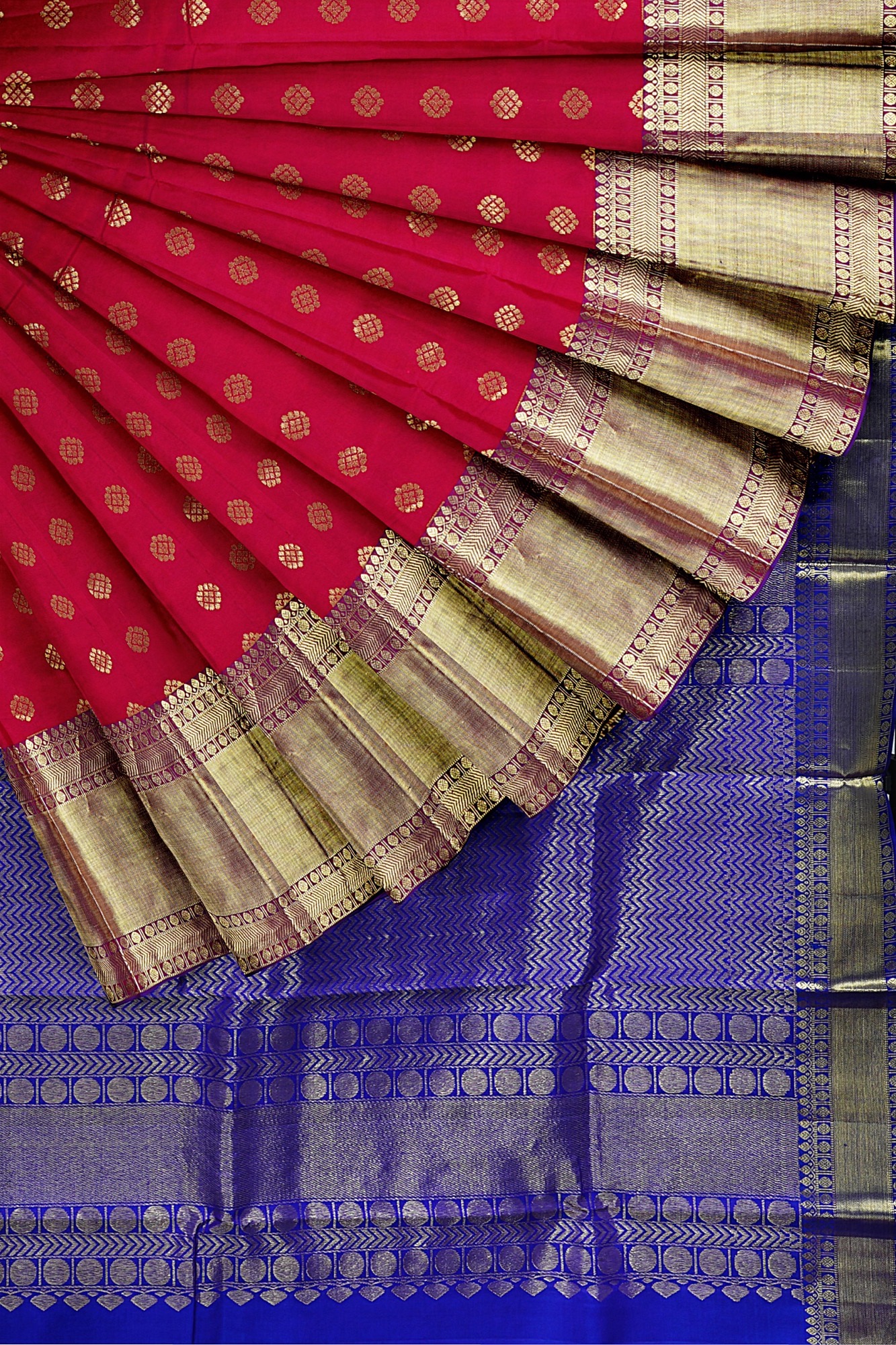 sri kumaran stores kanchipuram silk saree dark blue saree with golden blue border 1 4