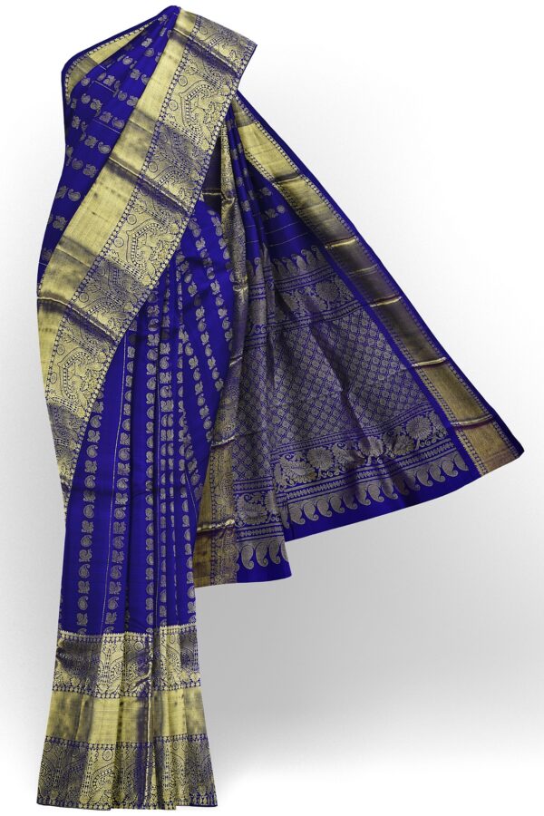 sri kumaran stores kanchipuram silk saree dark blue saree with golden border 2