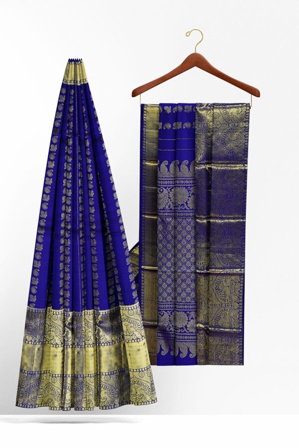 sri kumaran stores kanchipuram silk saree dark blue saree with golden border 3