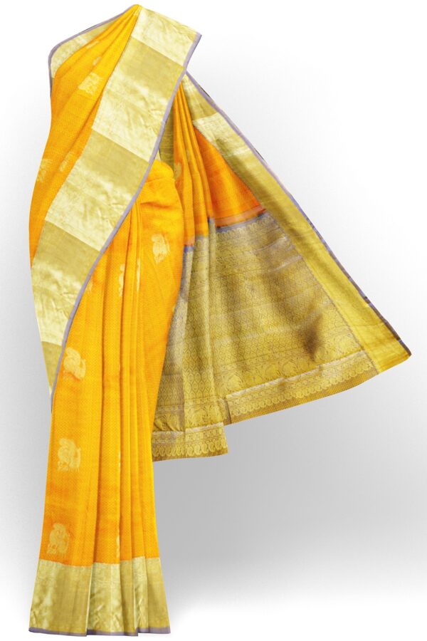 sri kumaran stores kanchipuram silk saree golden yellow saree with golden colour border 2