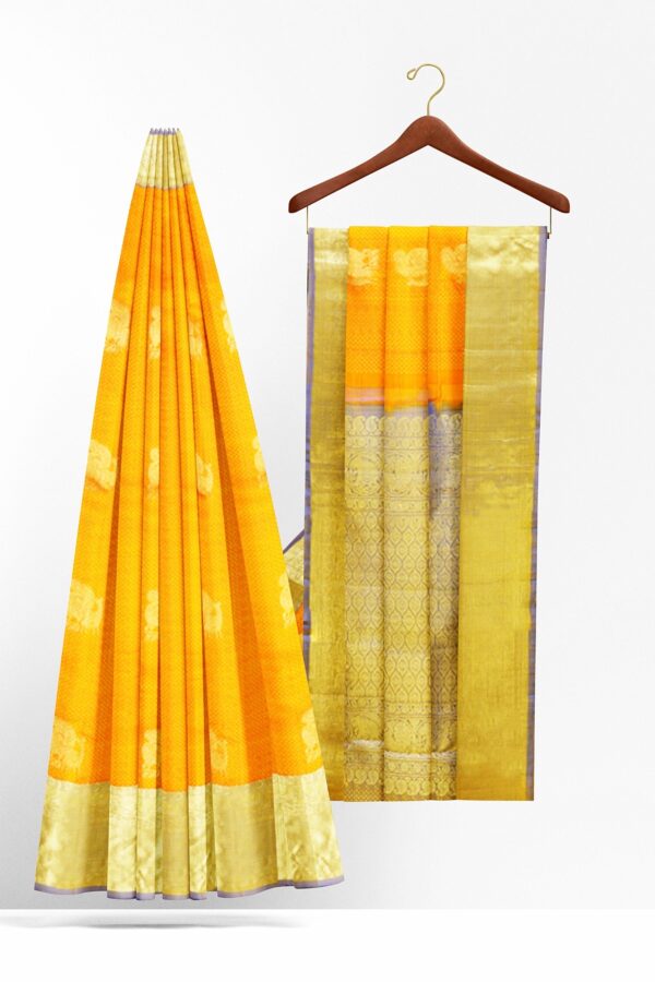 sri kumaran stores kanchipuram silk saree golden yellow saree with golden colour border 3