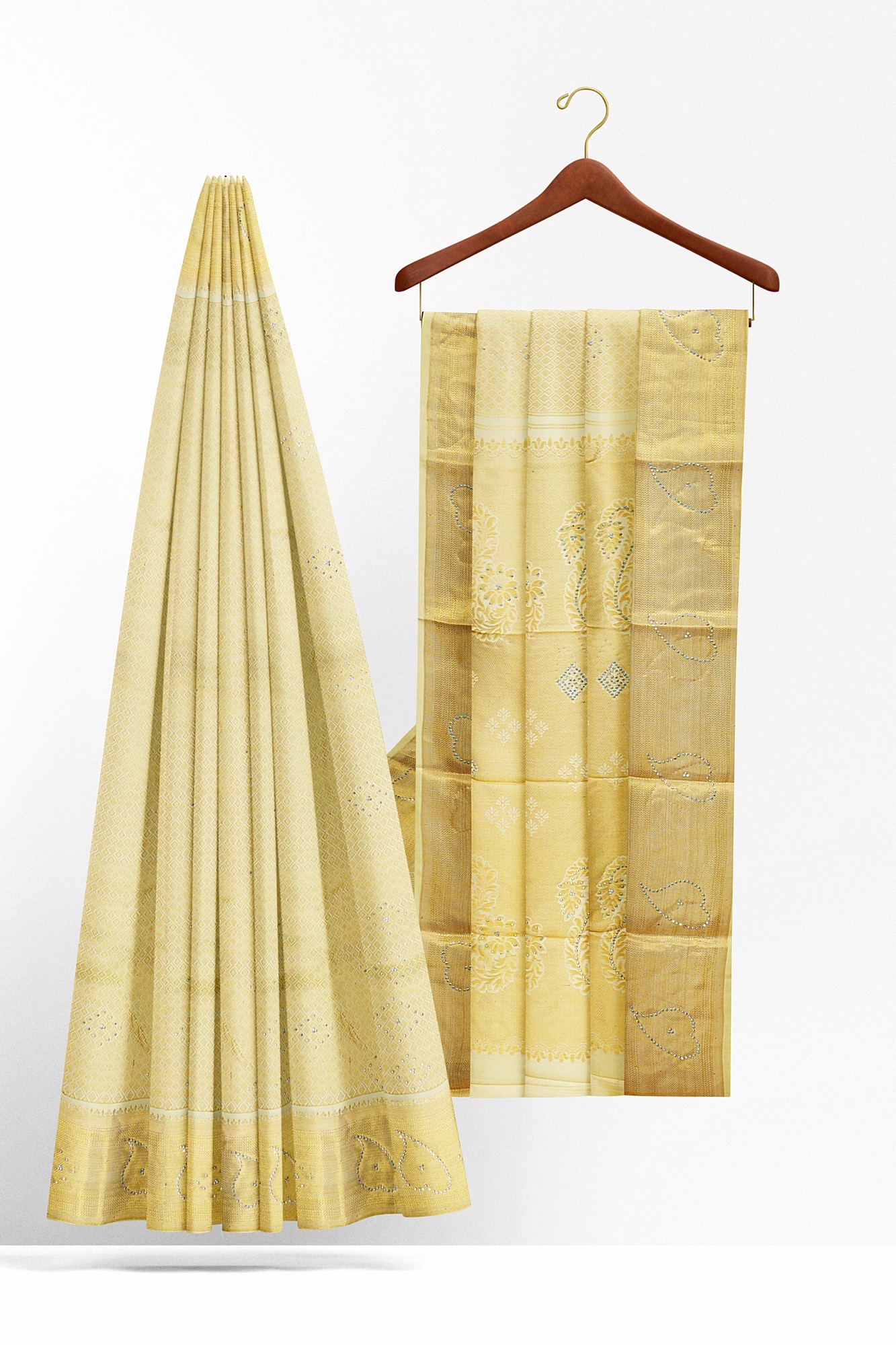 sri kumaran stores kanchipuram silk saree golden yellow saree with golden yellow border 1 3