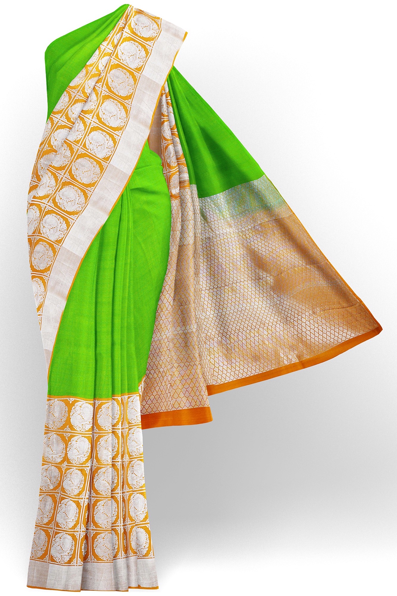 sri kumaran stores kanchipuram silk saree green saree with golden orange border 2