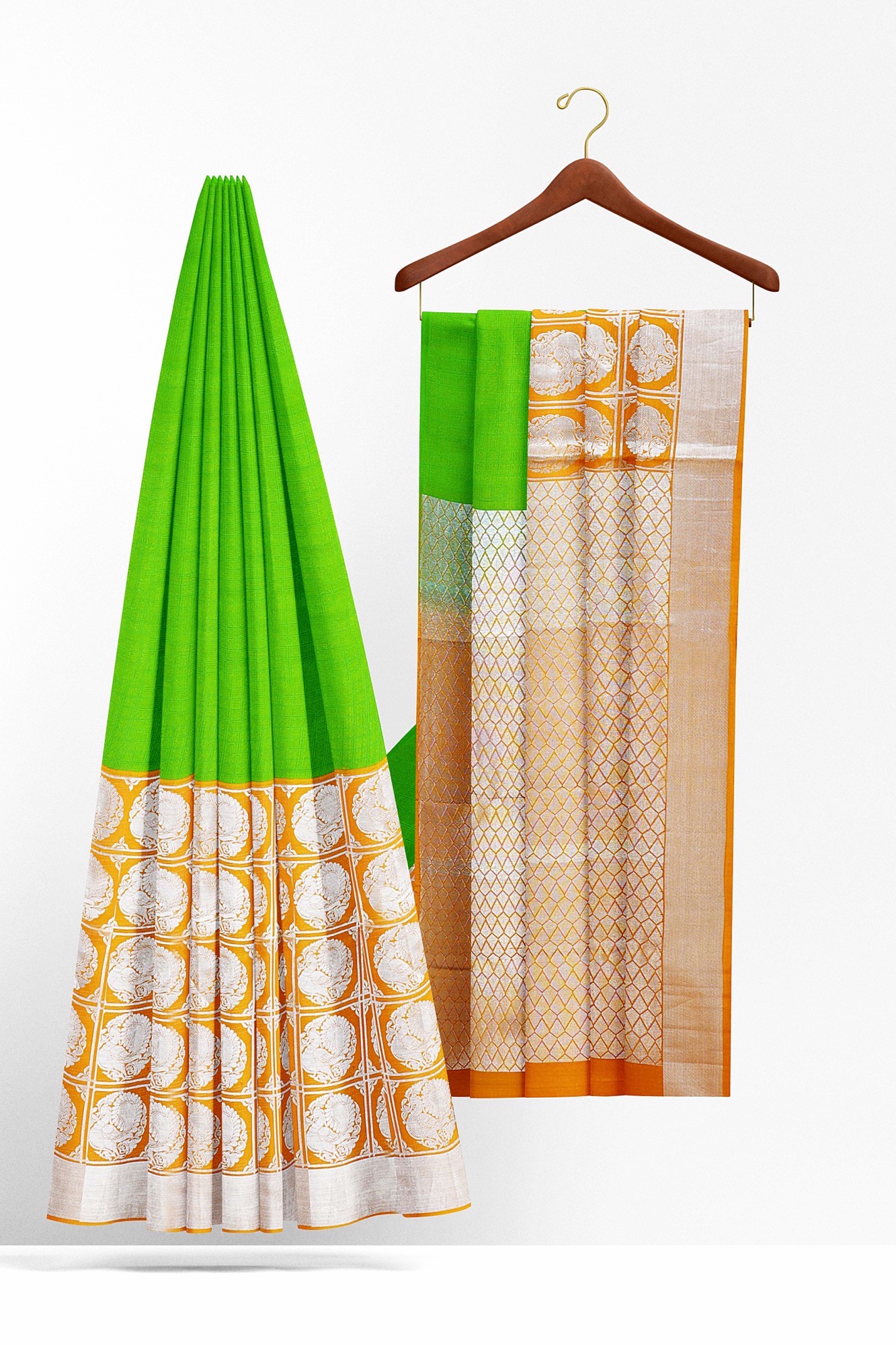 sri kumaran stores kanchipuram silk saree green saree with golden orange border 3