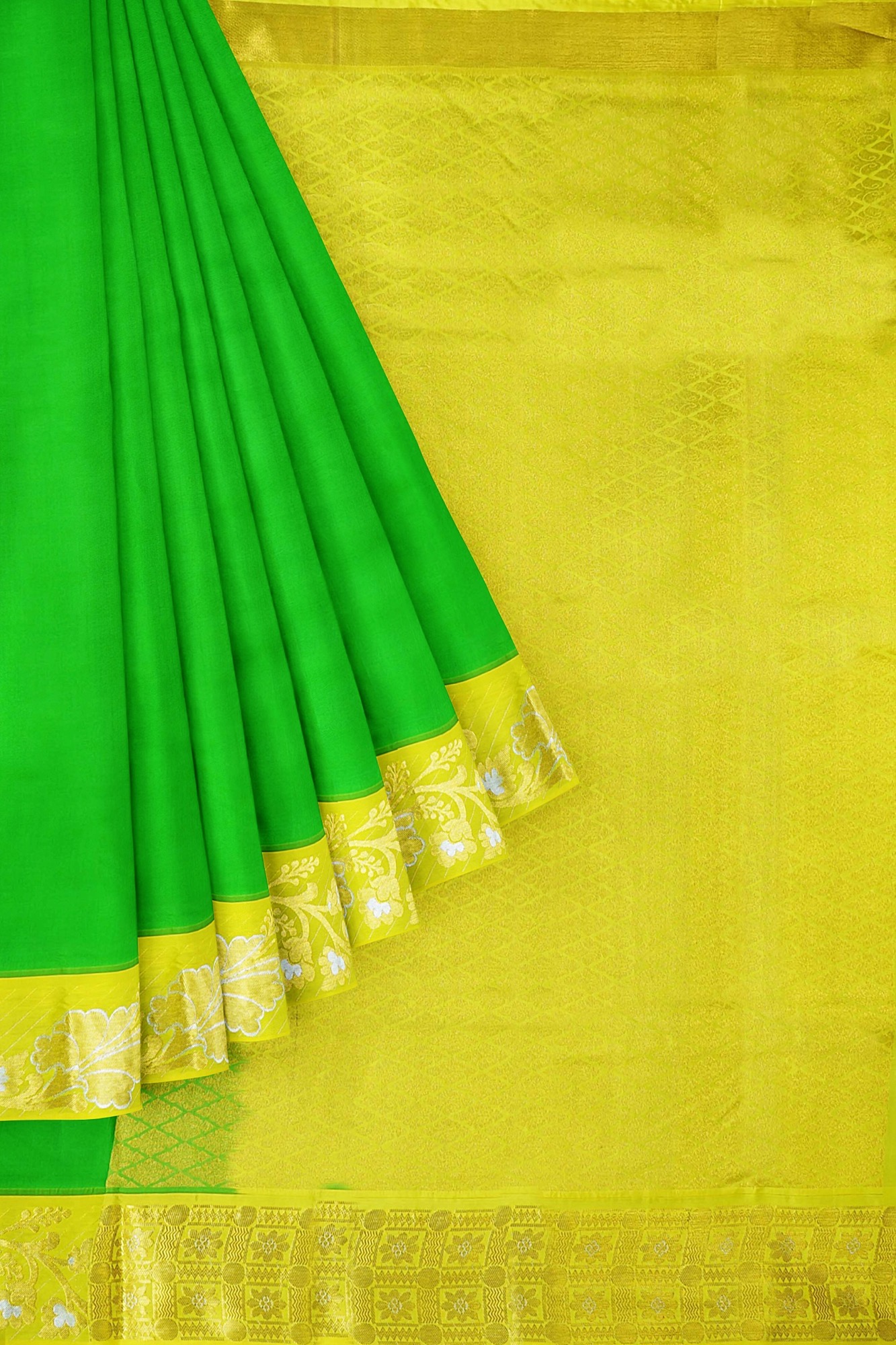 sri kumaran stores kanchipuram silk saree green saree with golden yellow border 1 1