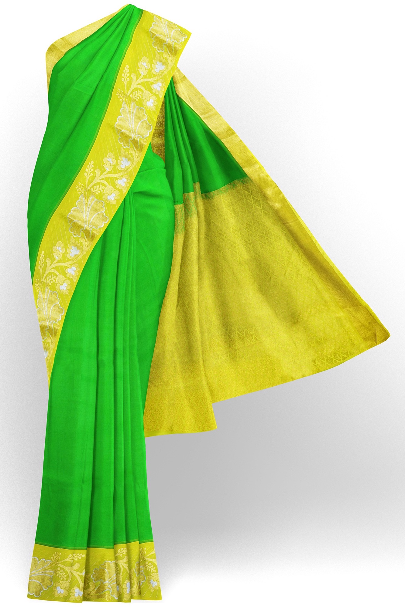 sri kumaran stores kanchipuram silk saree green saree with golden yellow border 1 2
