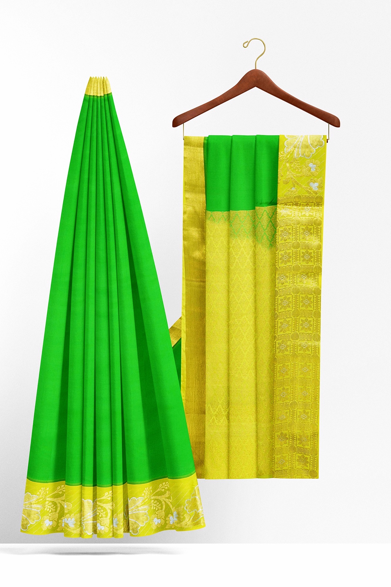 sri kumaran stores kanchipuram silk saree green saree with golden yellow border 1 3