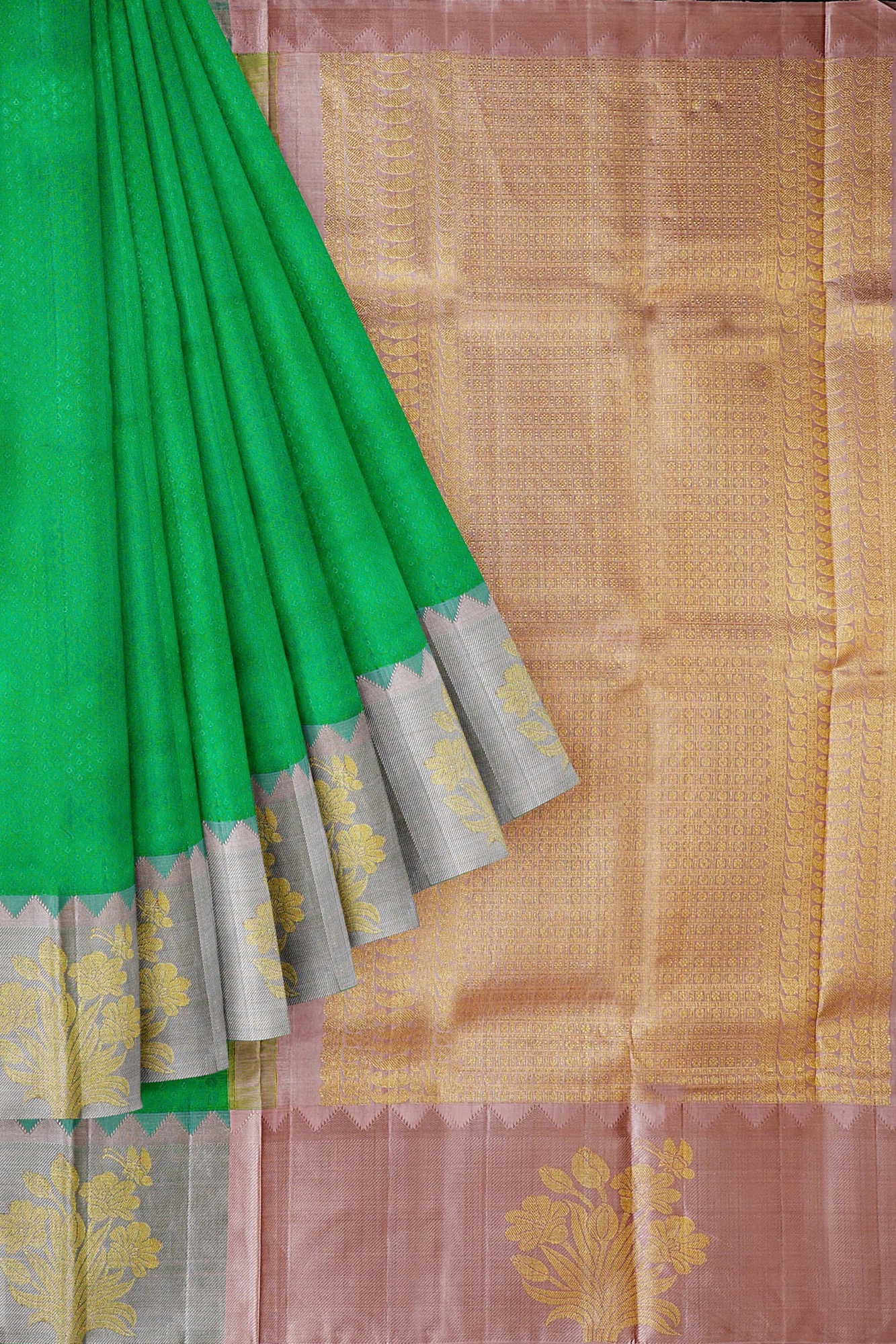 sri kumaran stores kanchipuram silk saree green saree with grey border 1