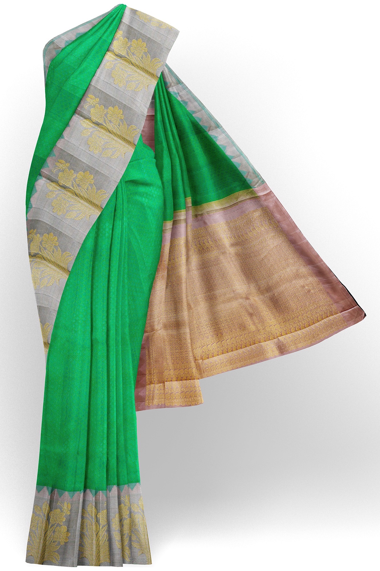 sri kumaran stores kanchipuram silk saree green saree with grey border 2