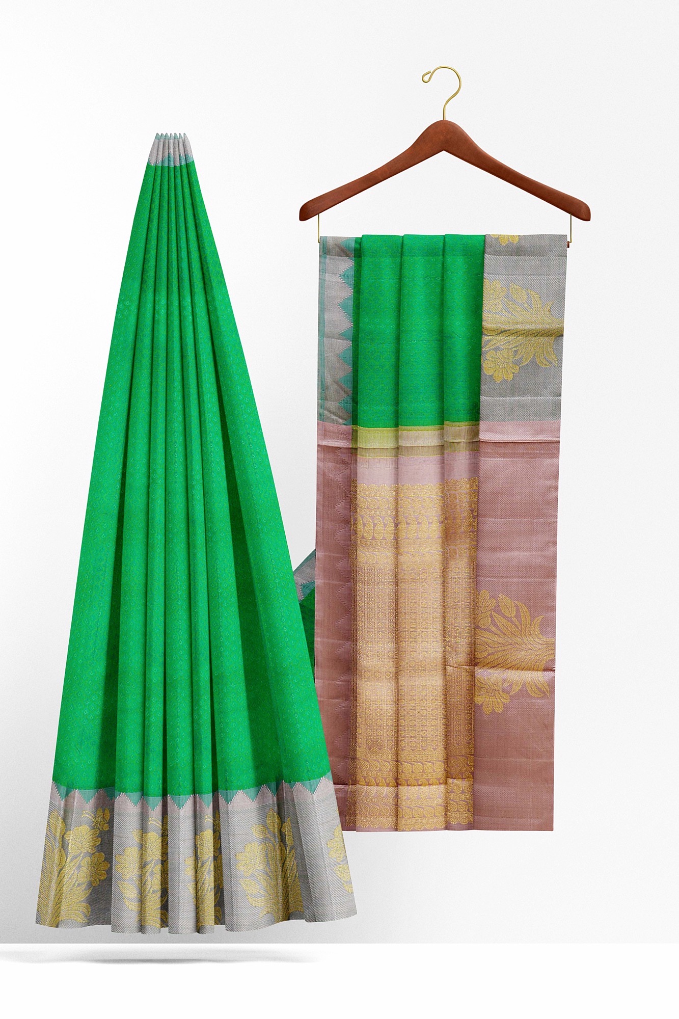 sri kumaran stores kanchipuram silk saree green saree with grey border 3