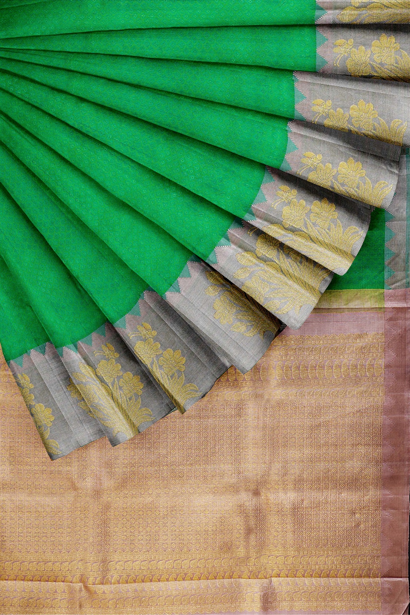 sri kumaran stores kanchipuram silk saree green saree with grey border 4