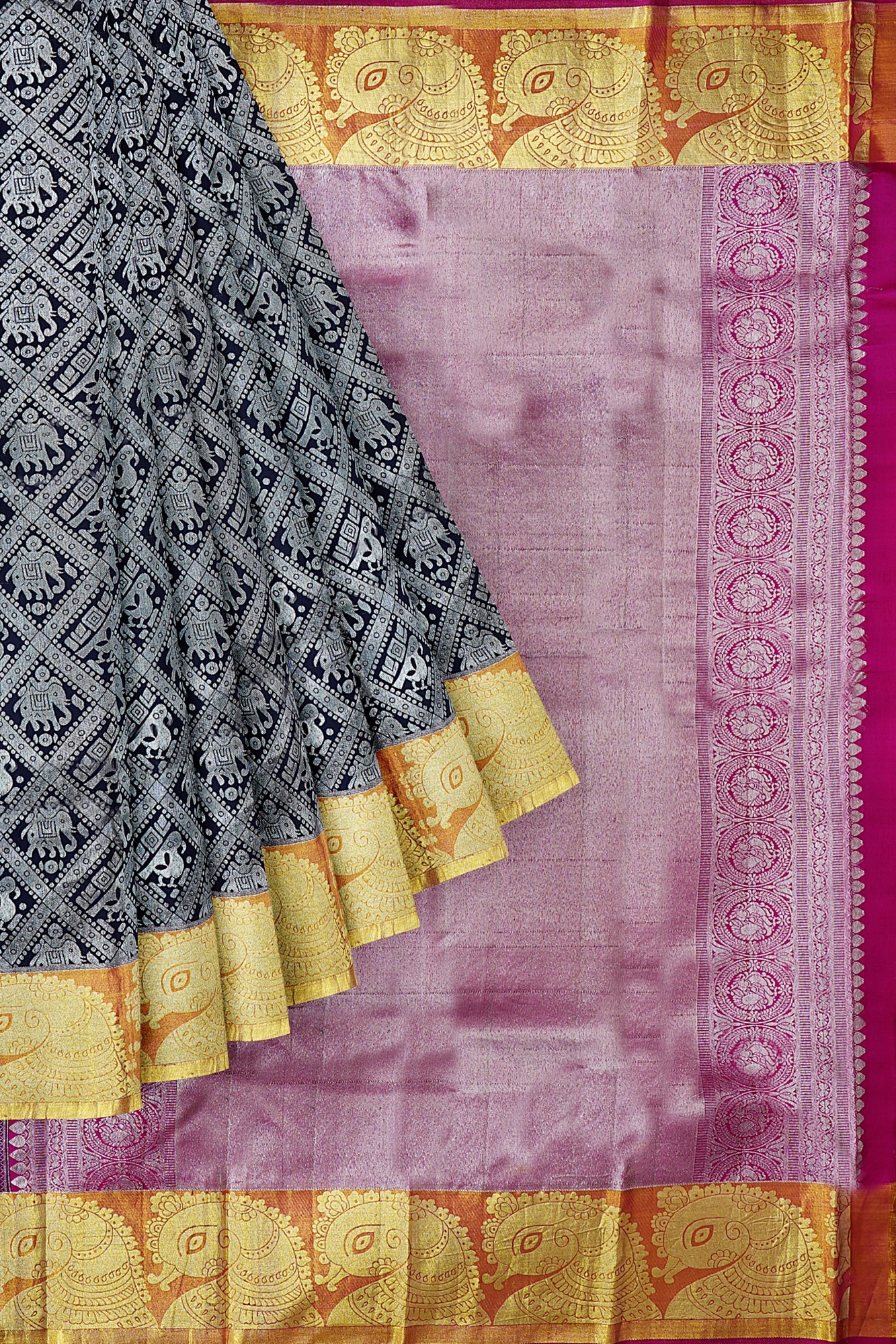 sri kumaran stores kanchipuram silk saree grey saree with golden border 1