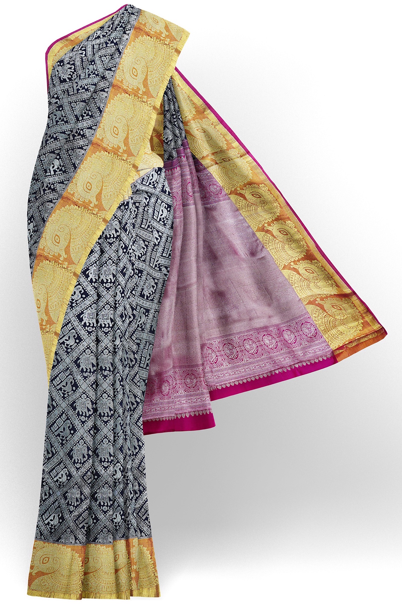 sri kumaran stores kanchipuram silk saree grey saree with golden border 2