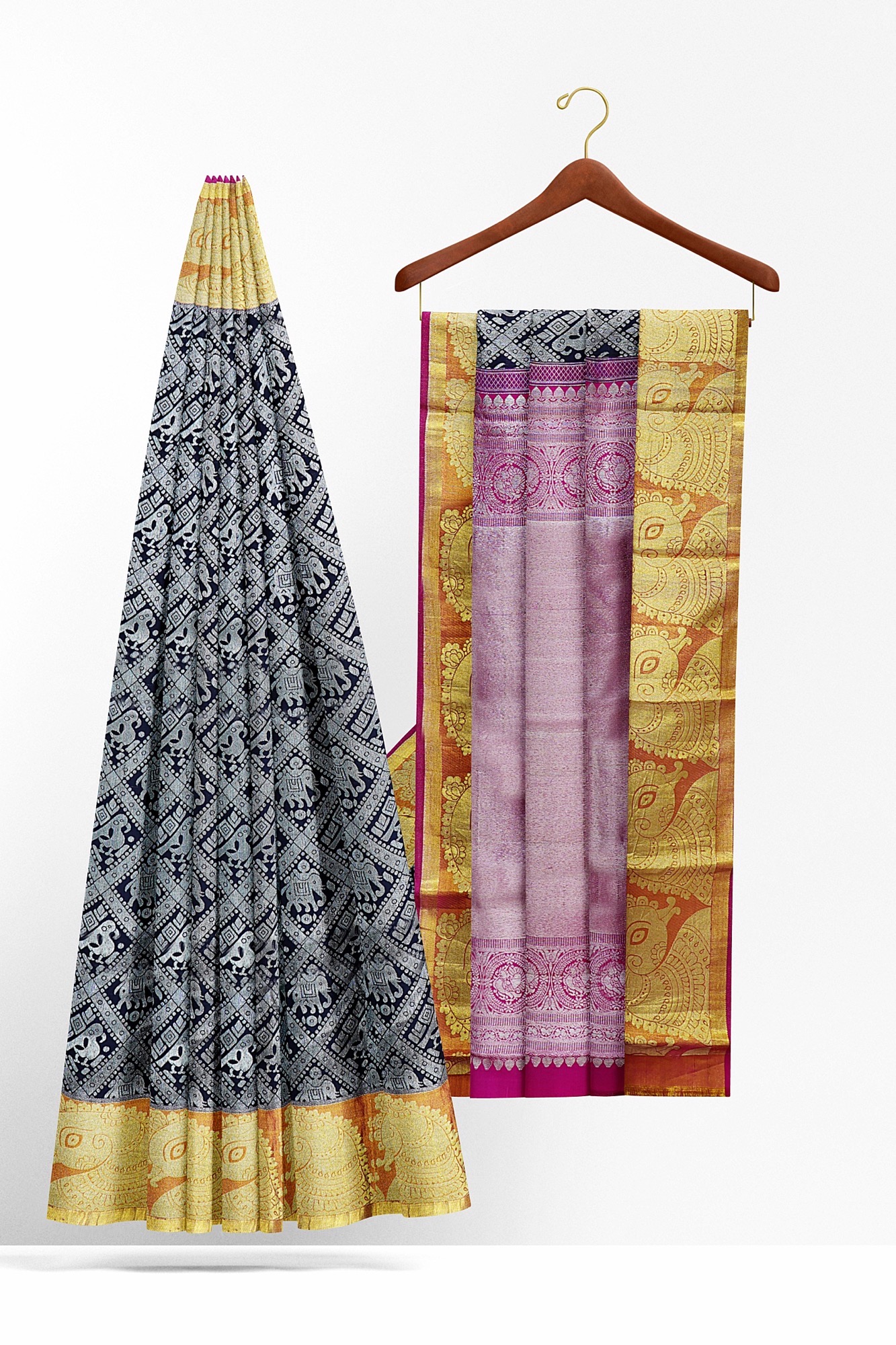sri kumaran stores kanchipuram silk saree grey saree with golden border 3