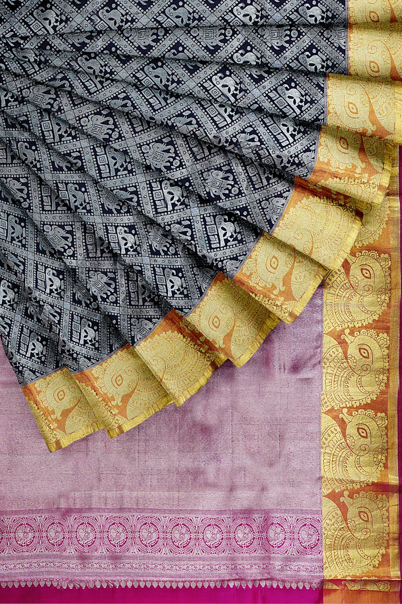 sri kumaran stores kanchipuram silk saree grey saree with golden border 4