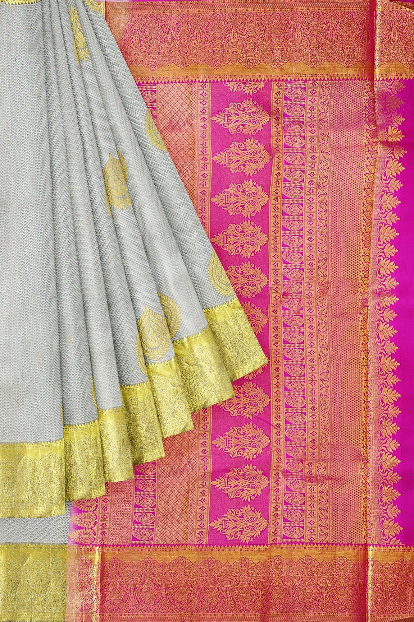 sri kumaran stores kanchipuram silk saree grey saree with golden colour border 1