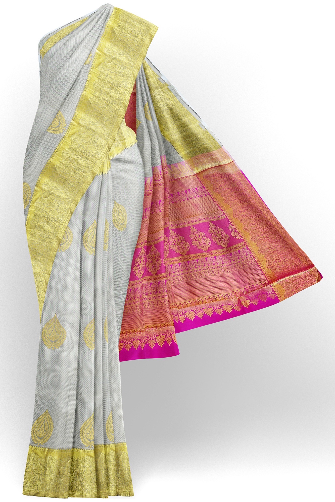 sri kumaran stores kanchipuram silk saree grey saree with golden colour border 2