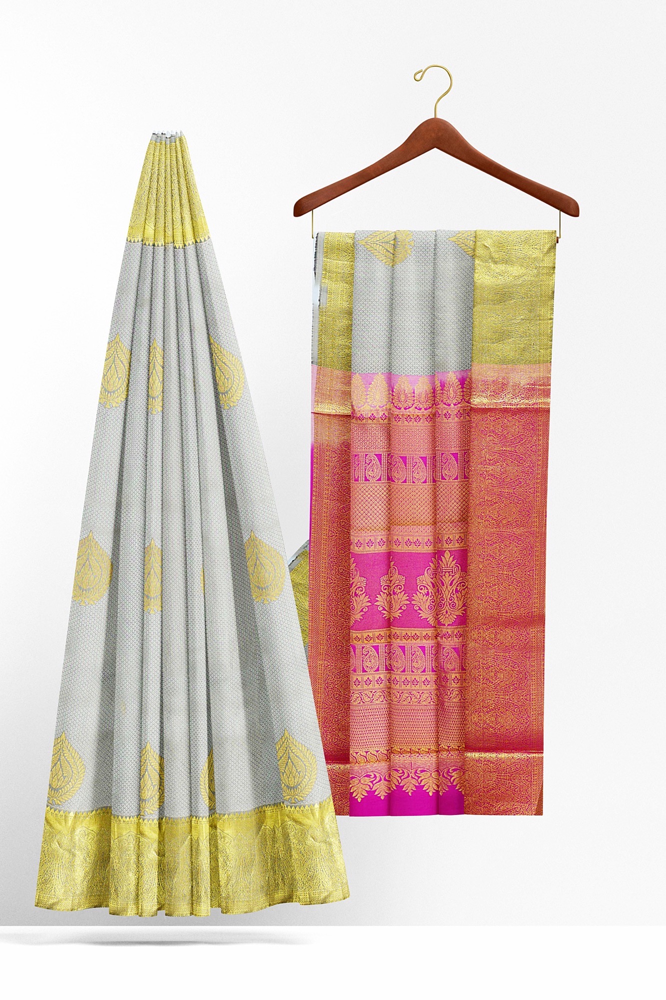 sri kumaran stores kanchipuram silk saree grey saree with golden colour border 3