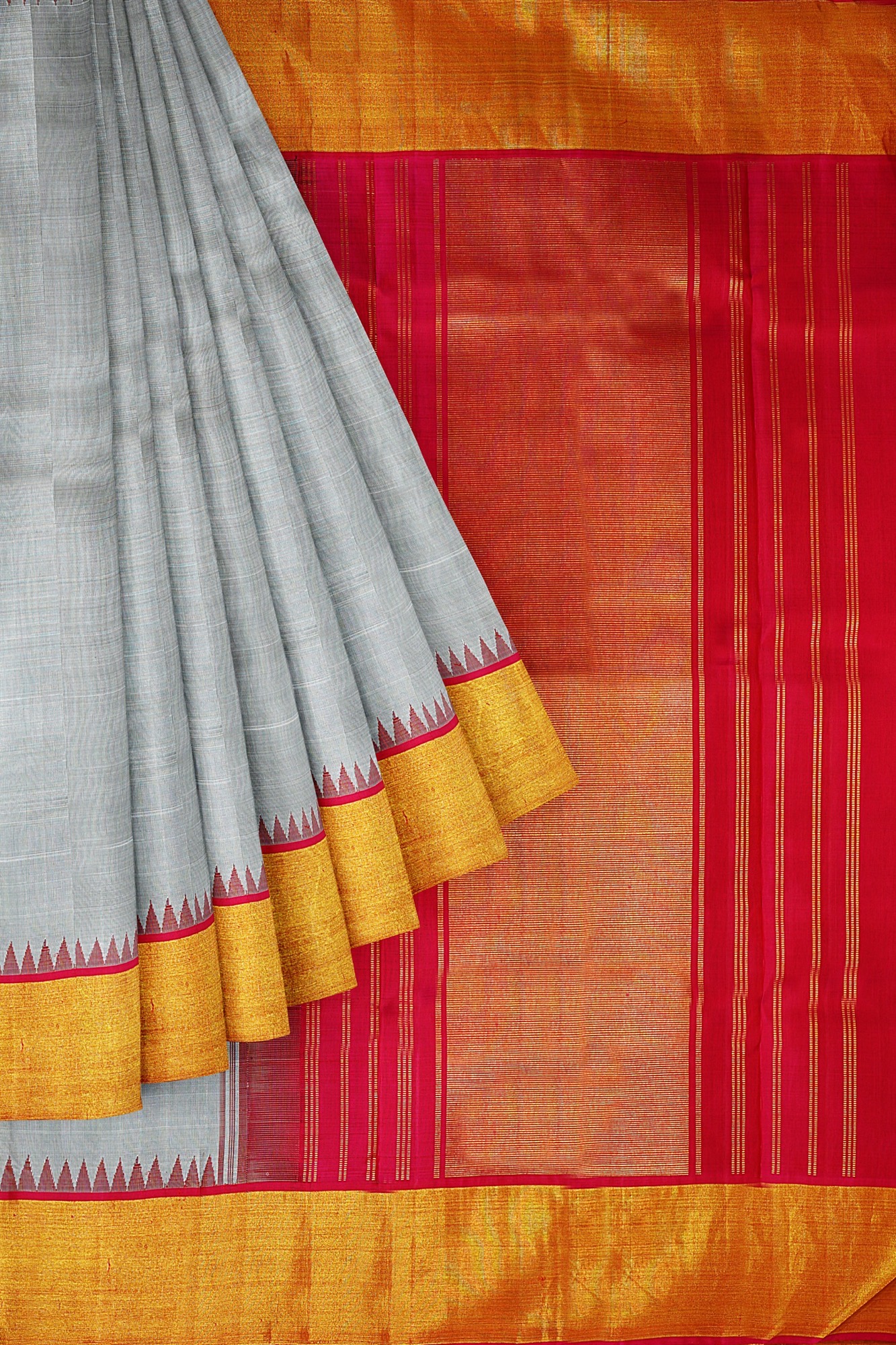 sri kumaran stores kanchipuram silk saree grey saree with golden red border 1