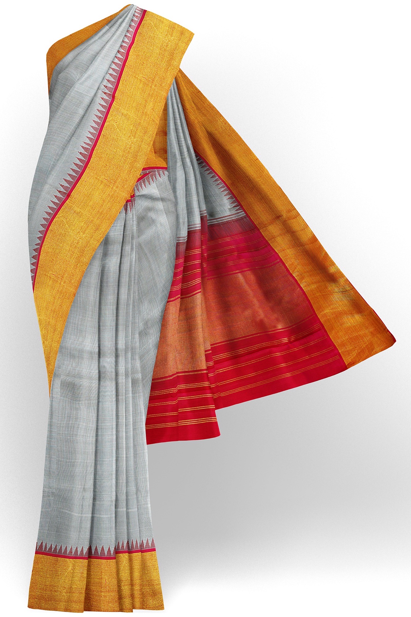 sri kumaran stores kanchipuram silk saree grey saree with golden red border 2