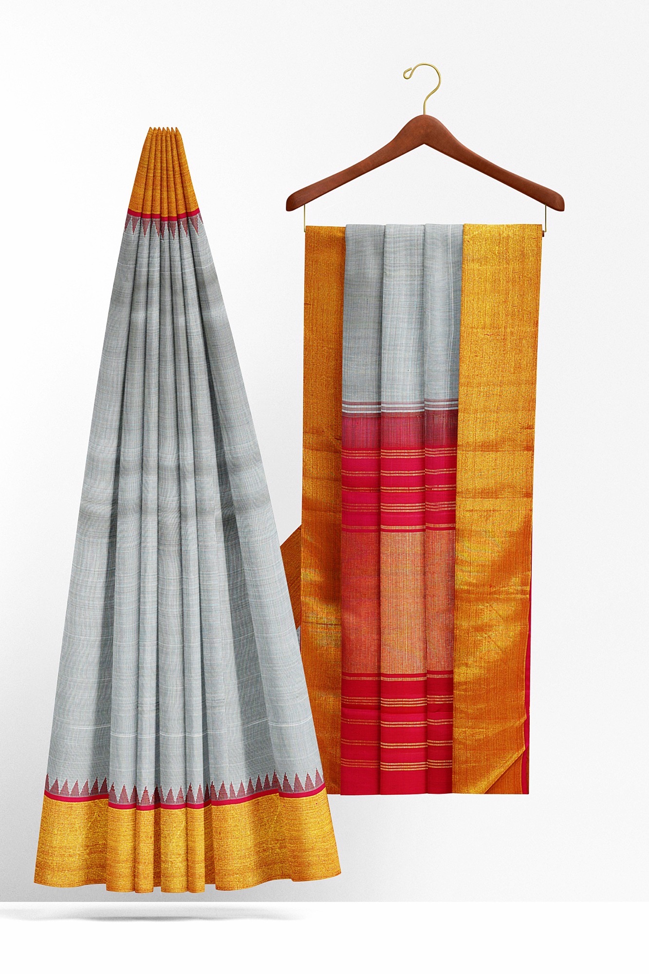 sri kumaran stores kanchipuram silk saree grey saree with golden red border 3