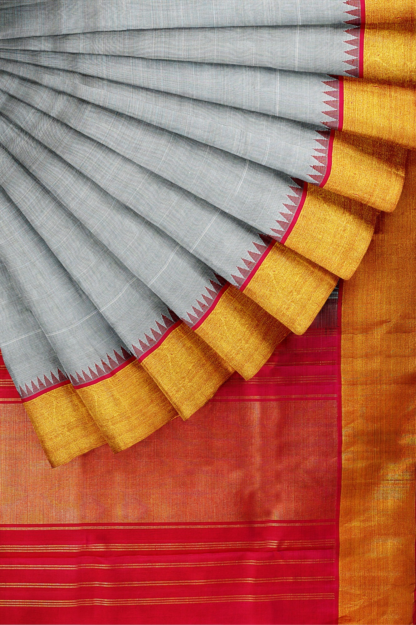 sri kumaran stores kanchipuram silk saree grey saree with golden red border 4